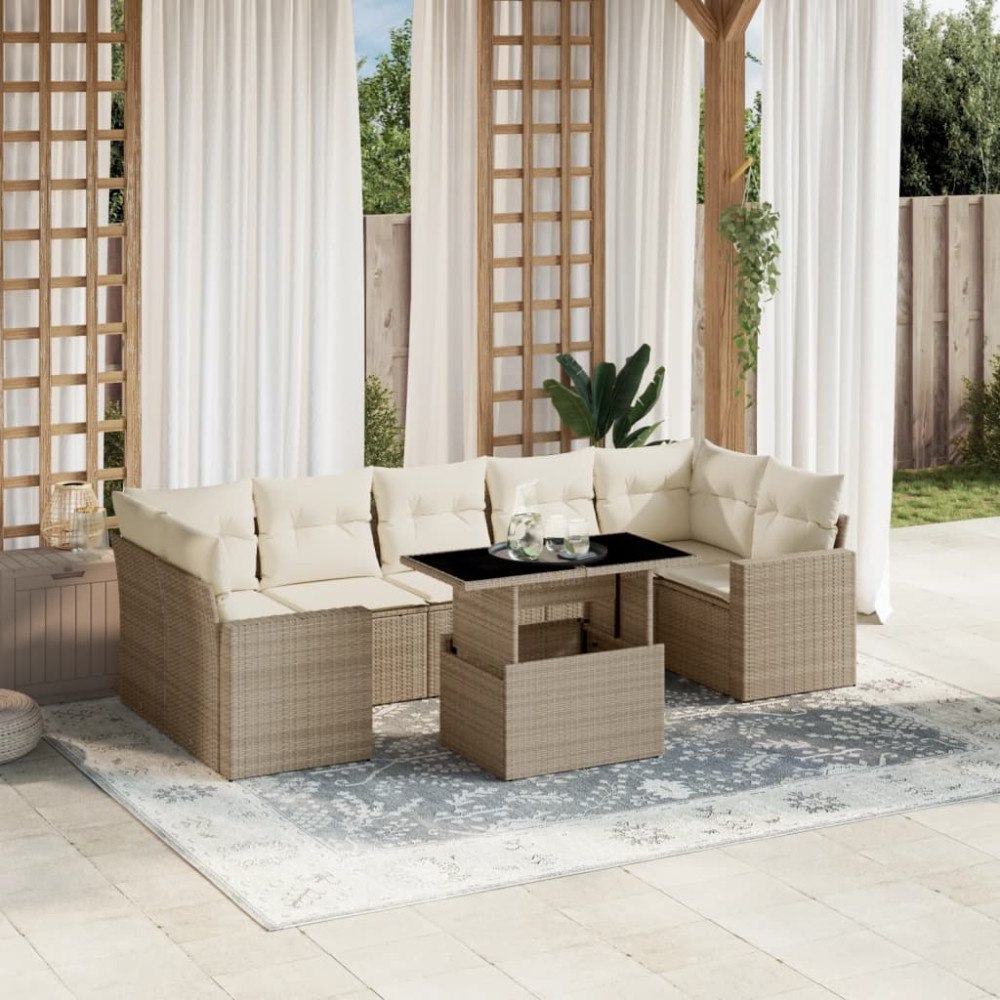 vidaXL Matgrupp för trädgården med dynor 8 delar beige konstrotting