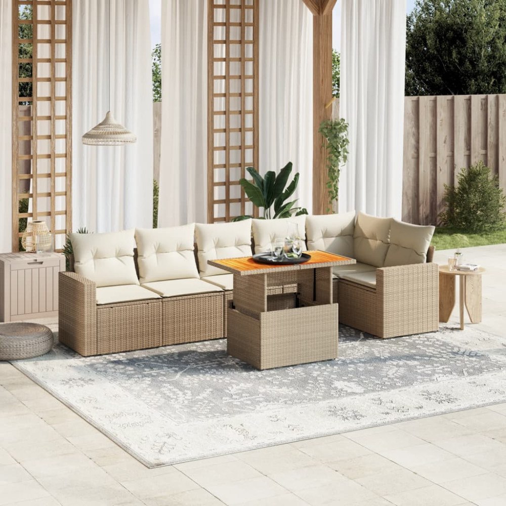 vidaXL Matgrupp för trädgården med dynor 7 delar beige konstrotting