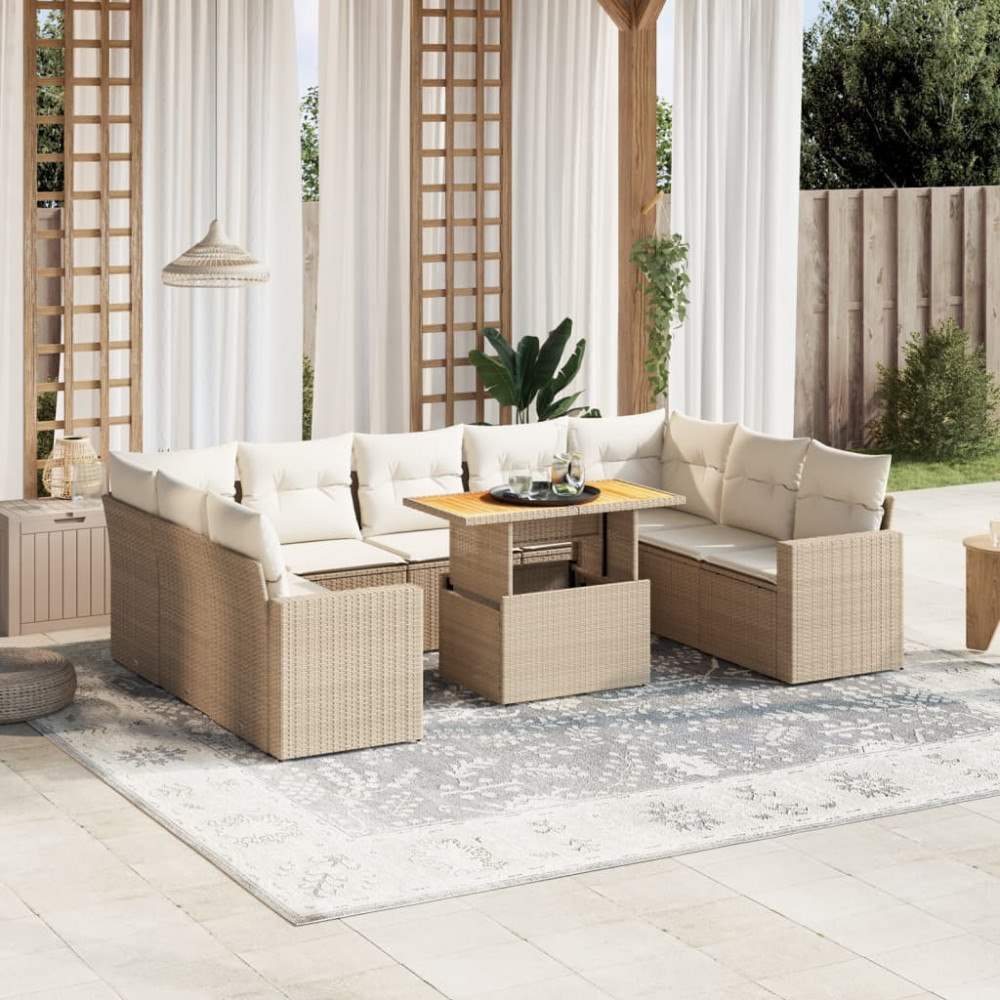 vidaXL Soffgrupp för trädgård med dynor 10 delar beige konstrotting