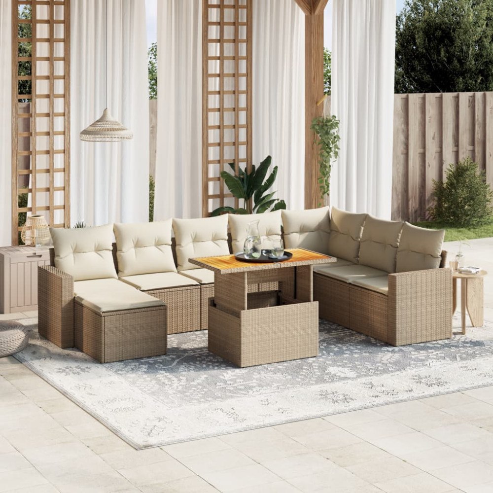 vidaXL Soffgrupp för trädgården med dynor 9 delar beige konstrotting