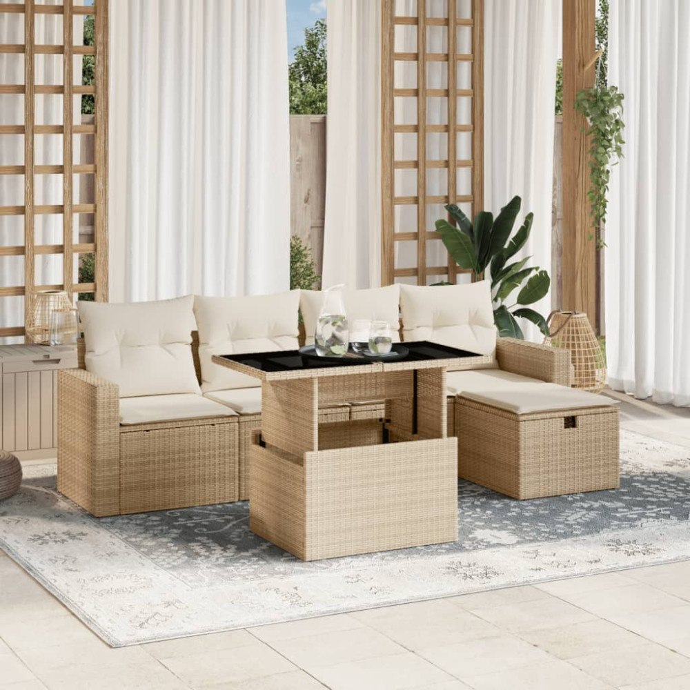 vidaXL Soffgrupp för trädgården med dynor 6 delar beige konstrotting