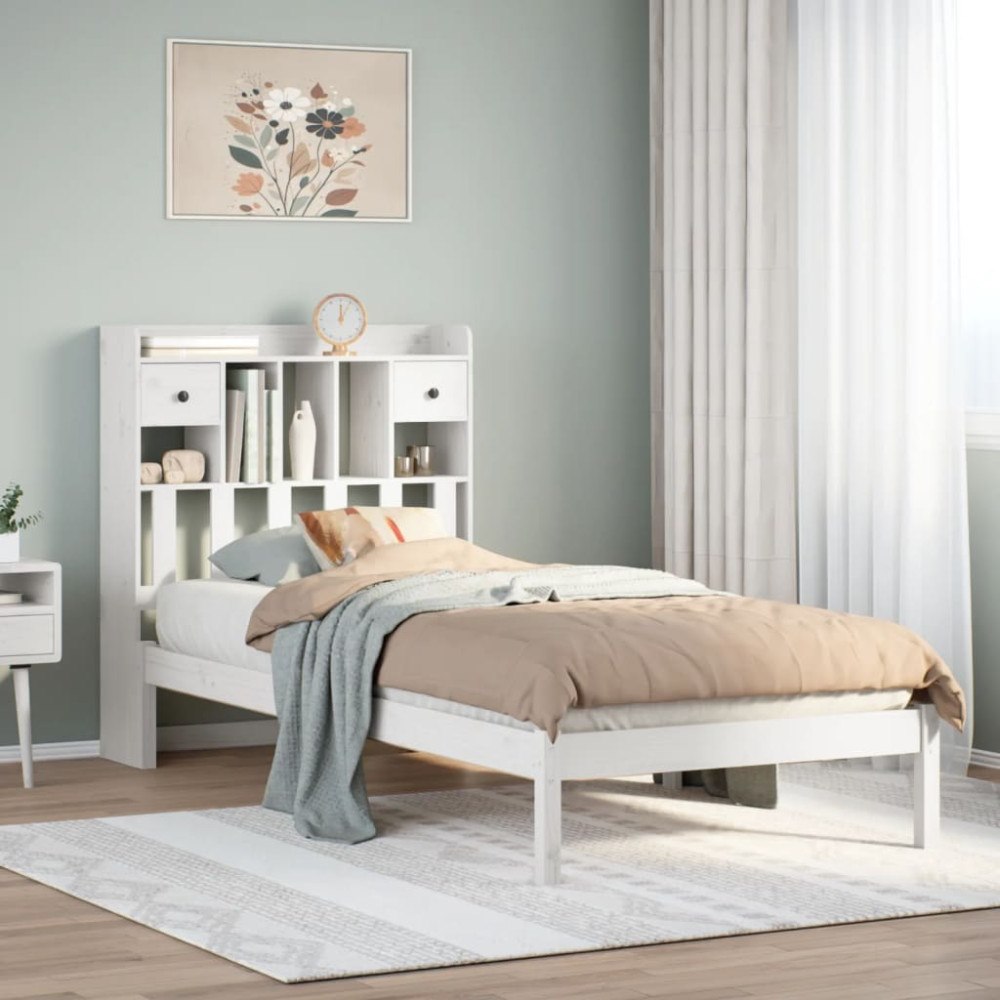 vidaXL Säng med bokhylla utan madrass vit 75x190cm massiv furu
