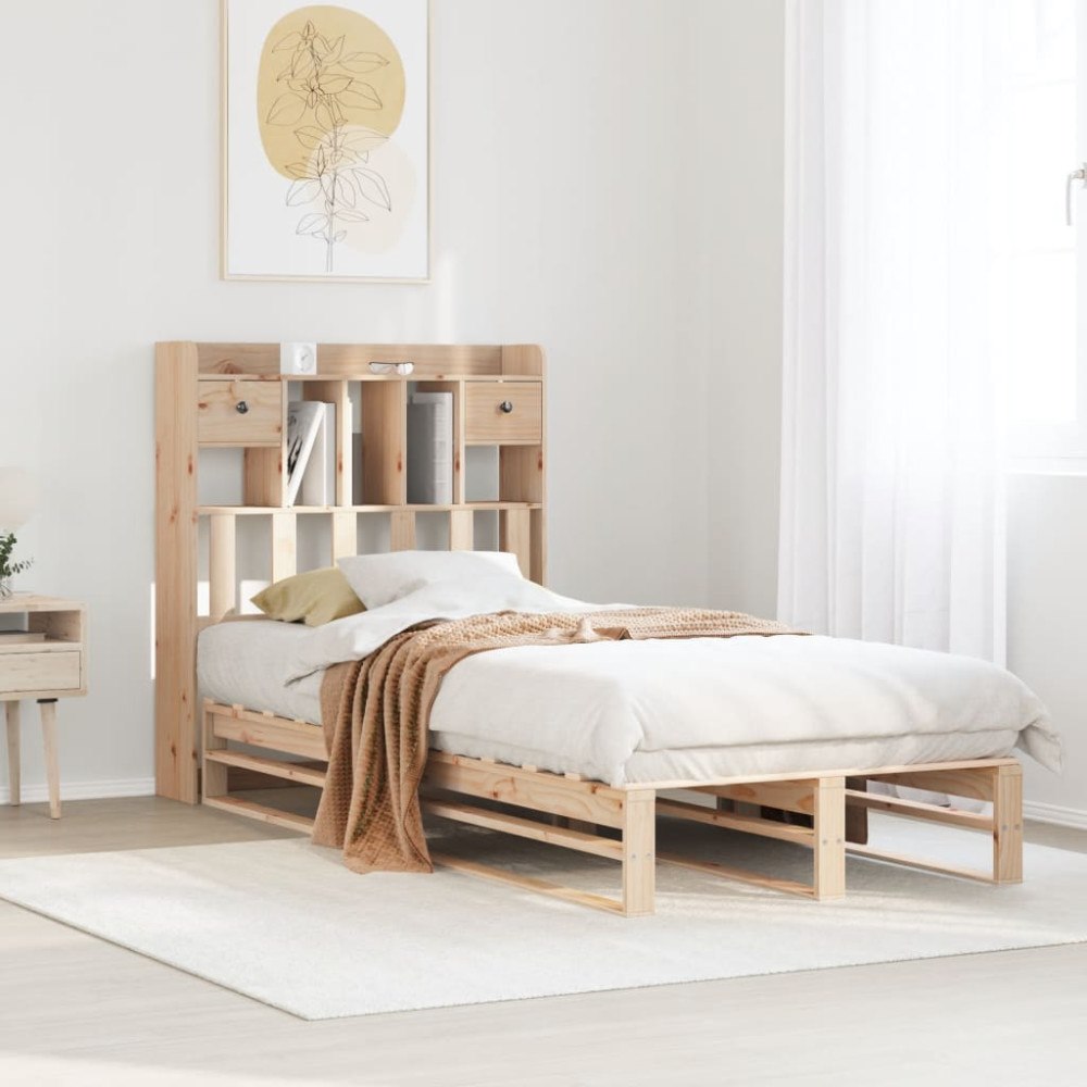 vidaXL Säng med bokhylla utan madrass 90x200cm massiv furu
