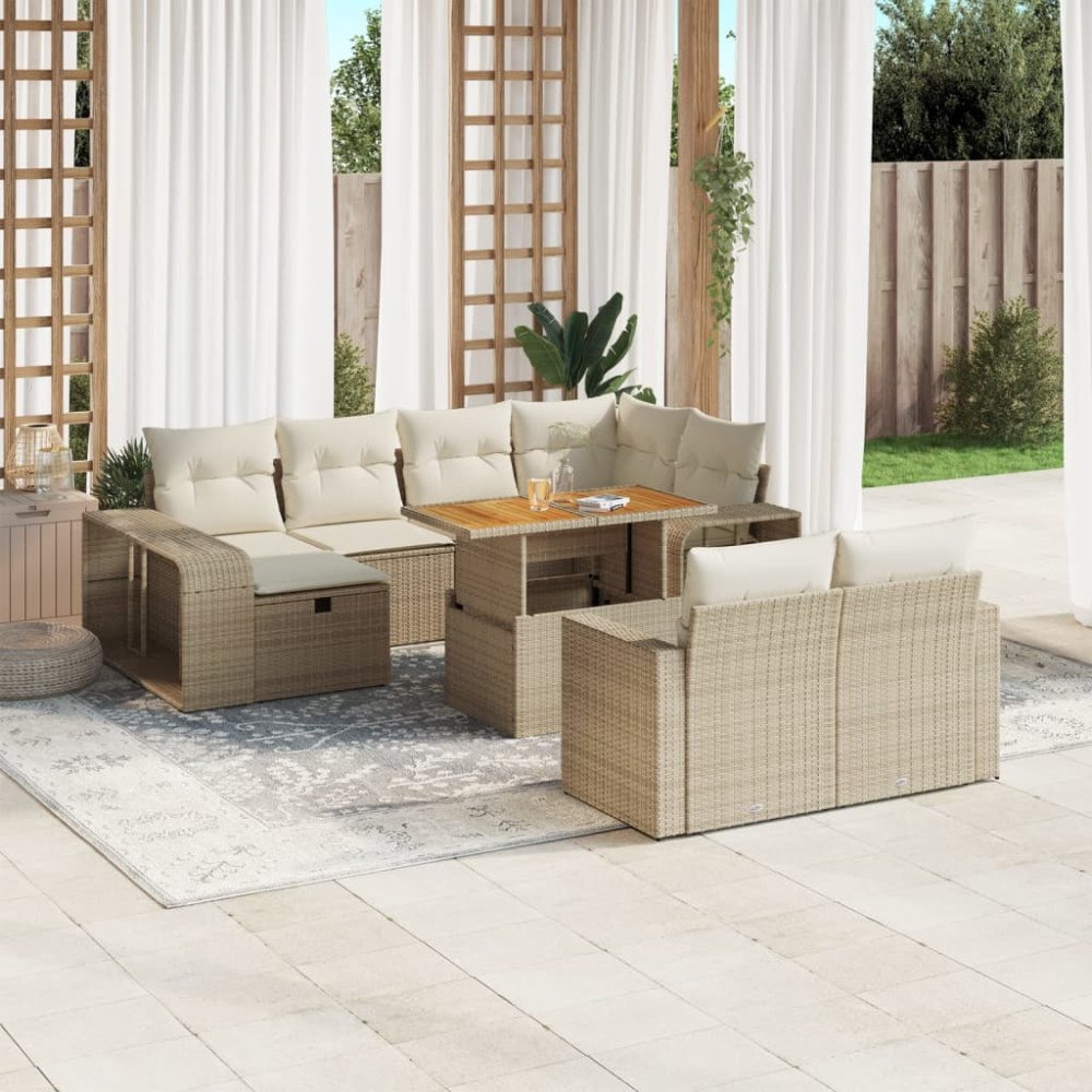 vidaXL Loungegrupp för trädgården m. dynor 11 delar beige konstrotting