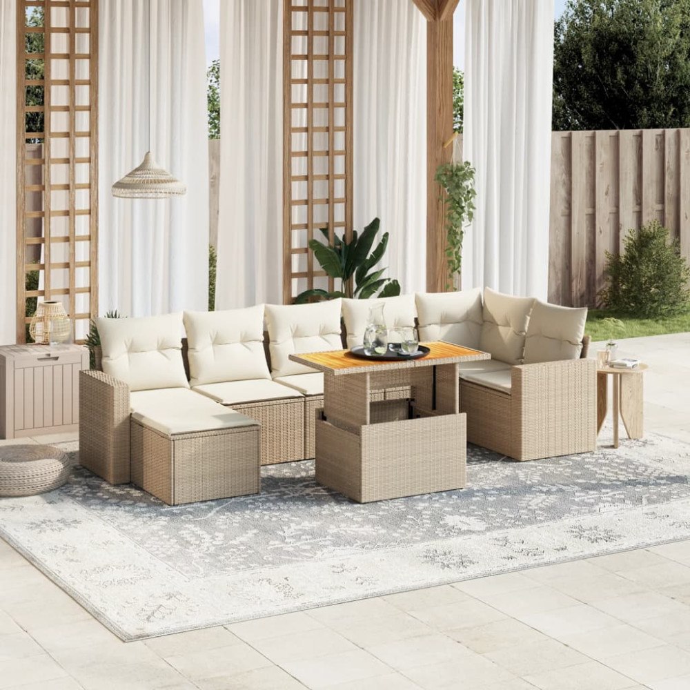 vidaXL Matgrupp för trädgården med dynor 8 delar beige konstrotting