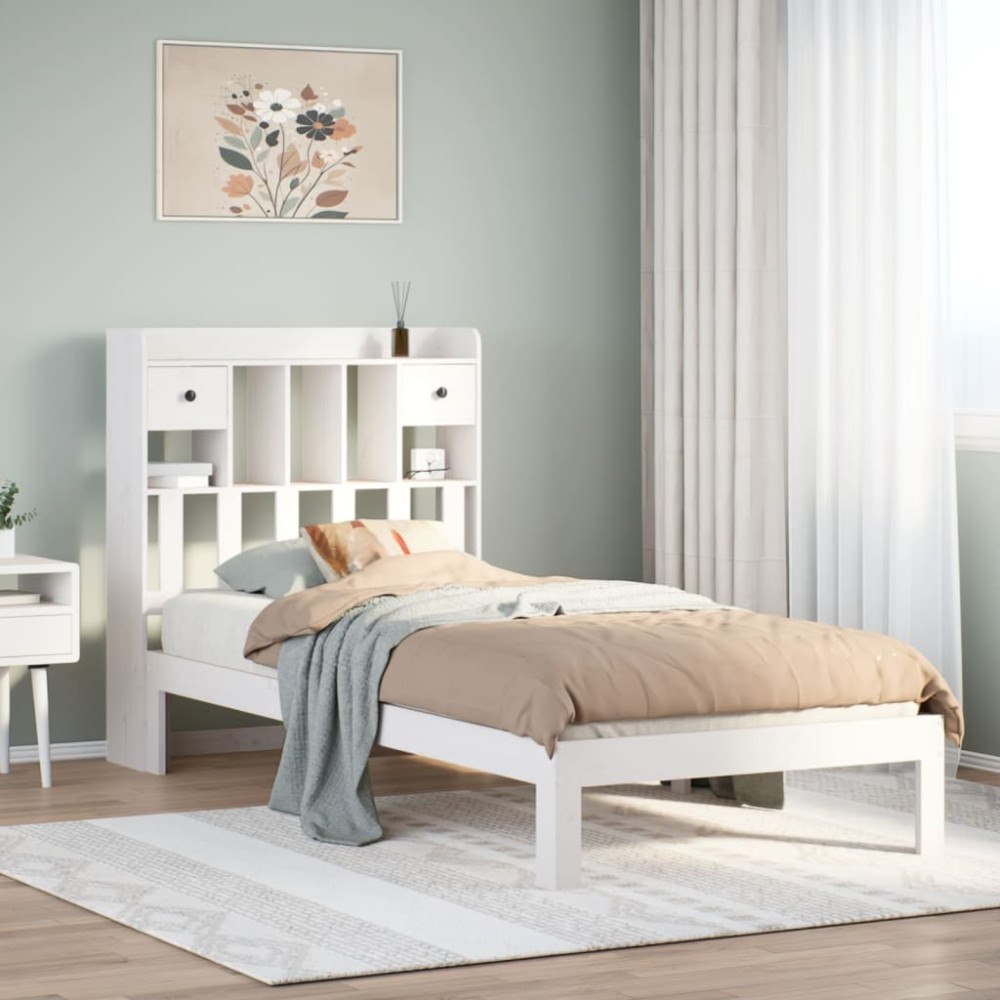 vidaXL Säng med bokhylla utan madrass vit 75x190cm massiv furu