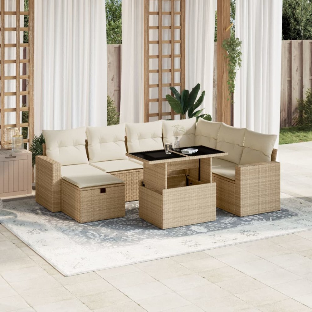 vidaXL Matgrupp för trädgården med dynor 8 delar beige konstrotting