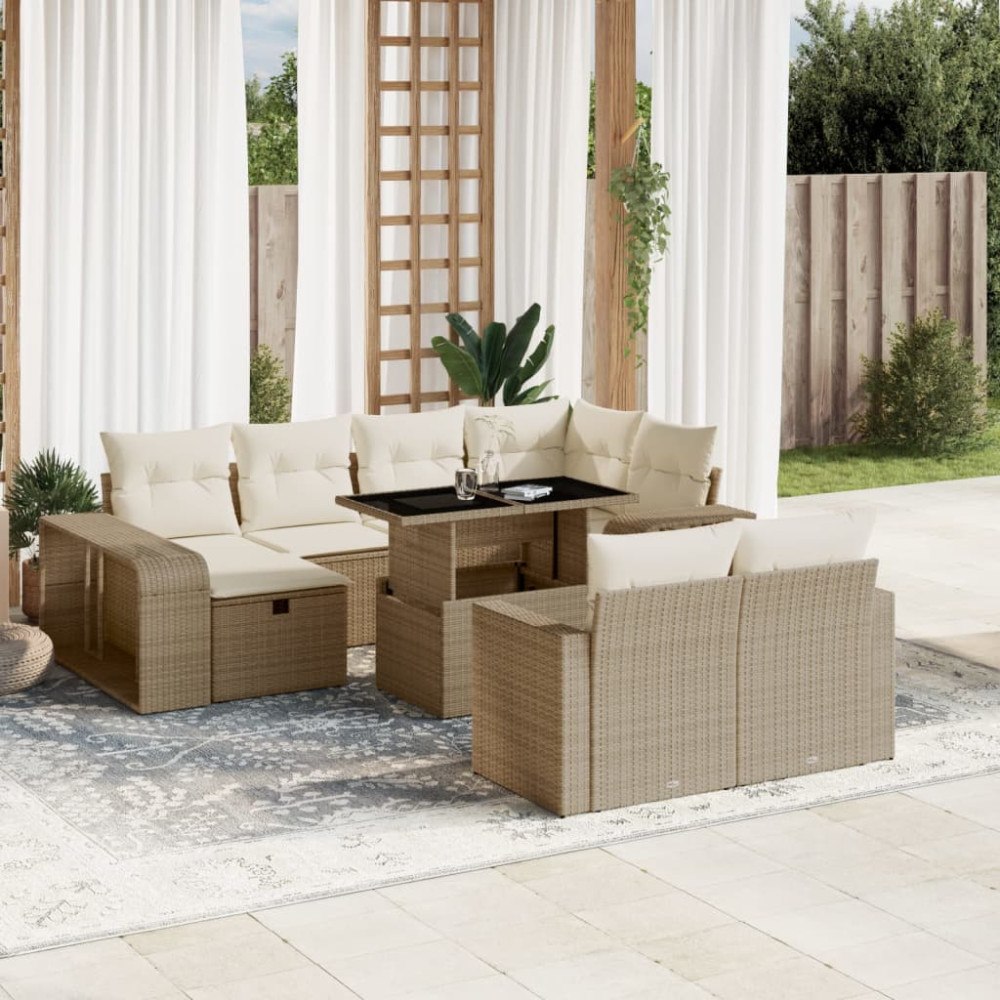vidaXL Loungegrupp för trädgården m. dynor 11 delar beige konstrotting