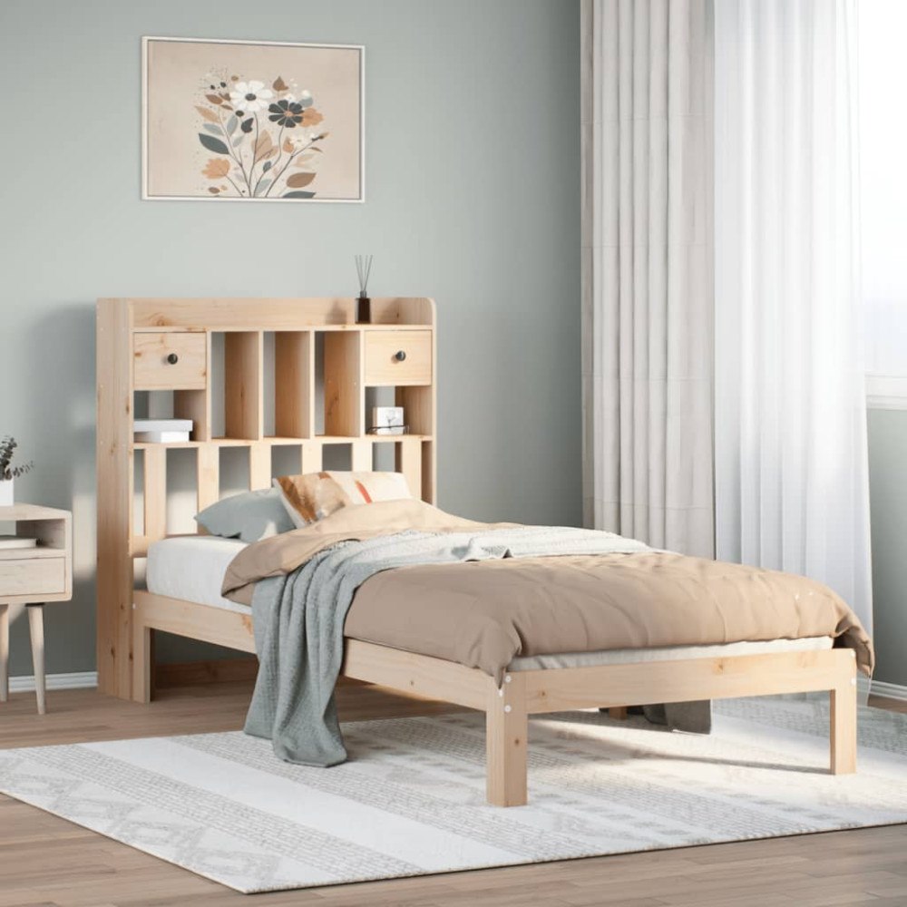 vidaXL Säng med bokhylla utan madrass 90x190cm massiv furu