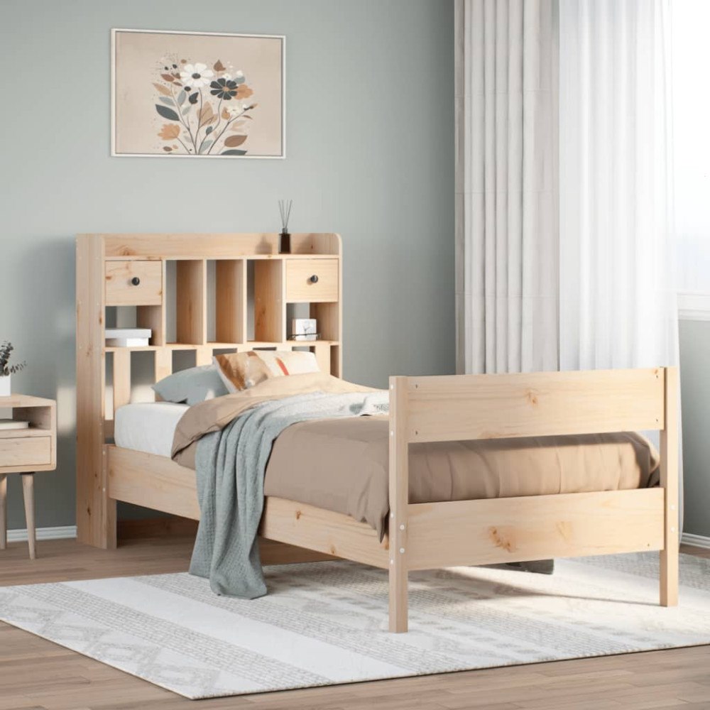 vidaXL Säng med bokhylla utan madrass 75x190cm massiv furu