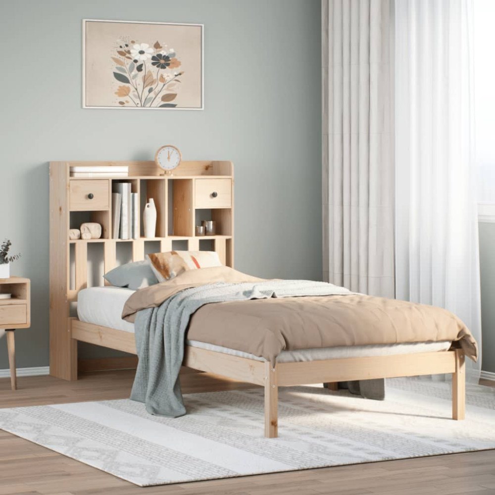 vidaXL Säng med bokhylla utan madrass 90x190cm massiv furu