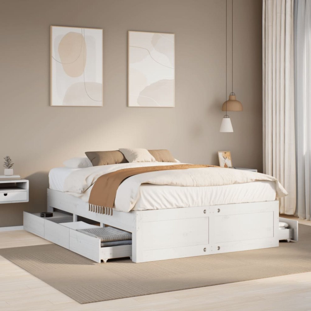 vidaXL Sängram utan madrass med lådor vit 140x200 cm massiv furu