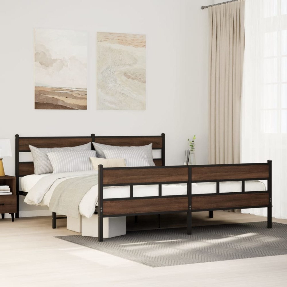vidaXL Sängram utan madrass metall brun ek 183x213 cm