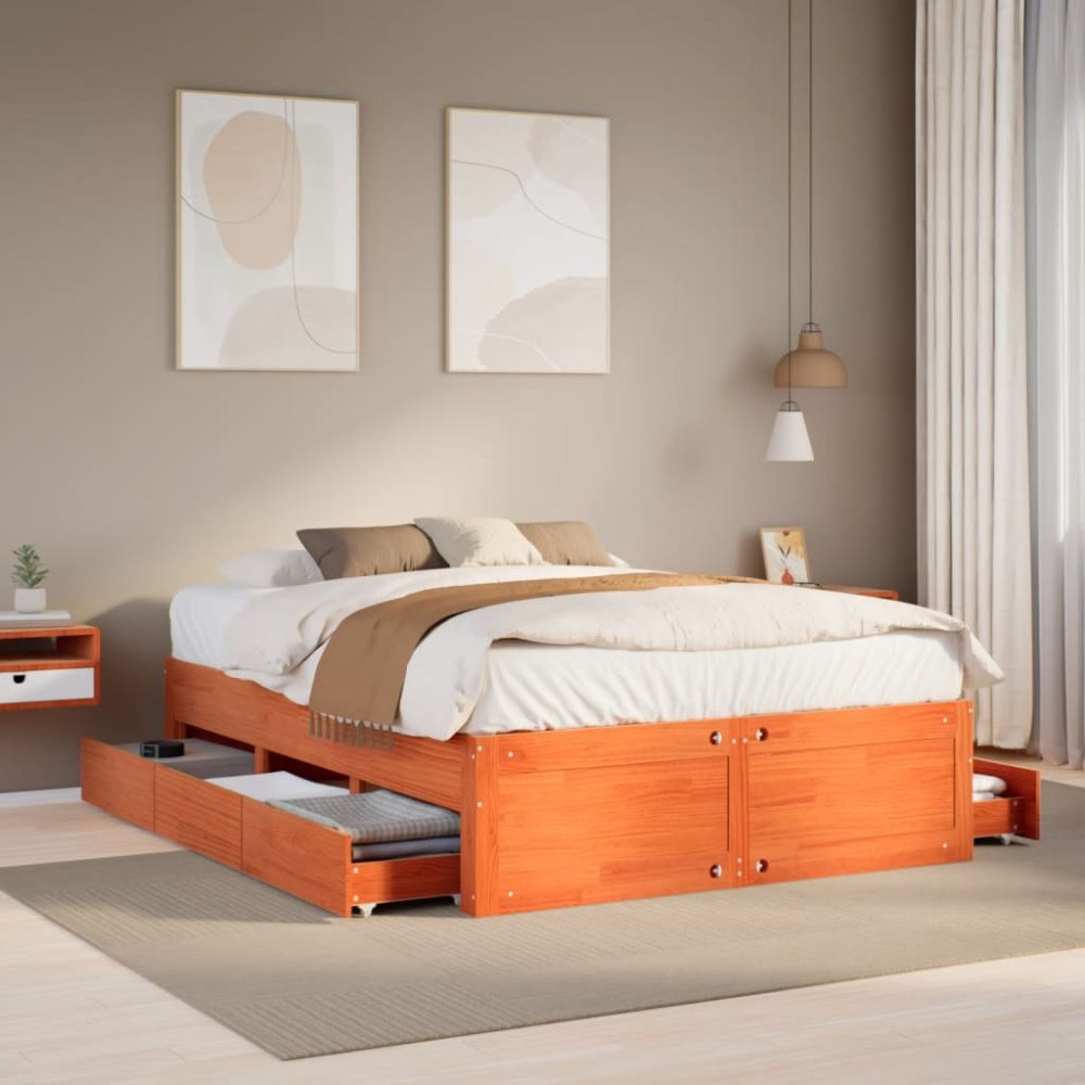 vidaXL Sängram utan madrass med lådor vaxbrun 140x190 cm massiv furu
