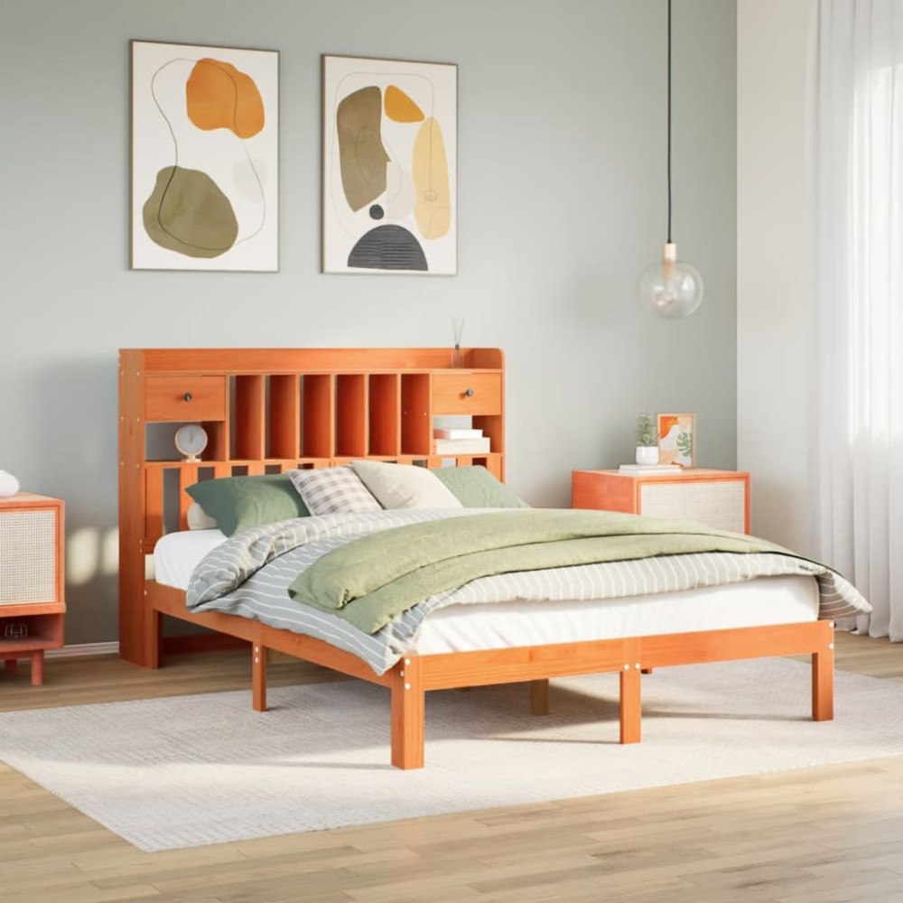 vidaXL Säng med bokhylla utan madrass vaxbrun 140x200cm massiv furu
