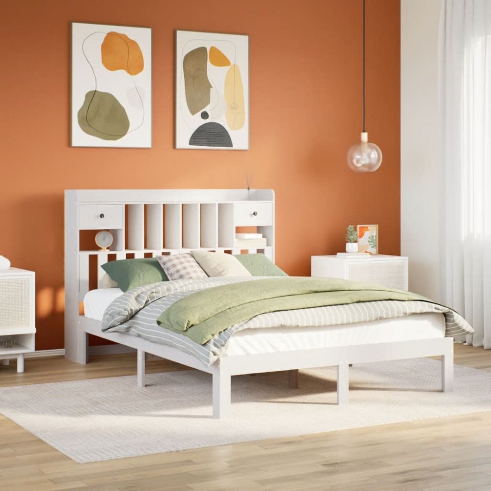 vidaXL Säng med bokhylla utan madrass vit 150x200cm massiv furu