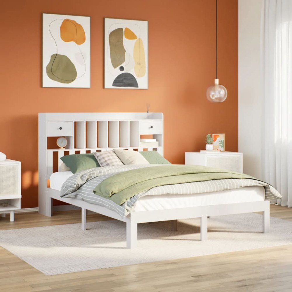 vidaXL Säng med bokhylla utan madrass vit 140x190cm massiv furu