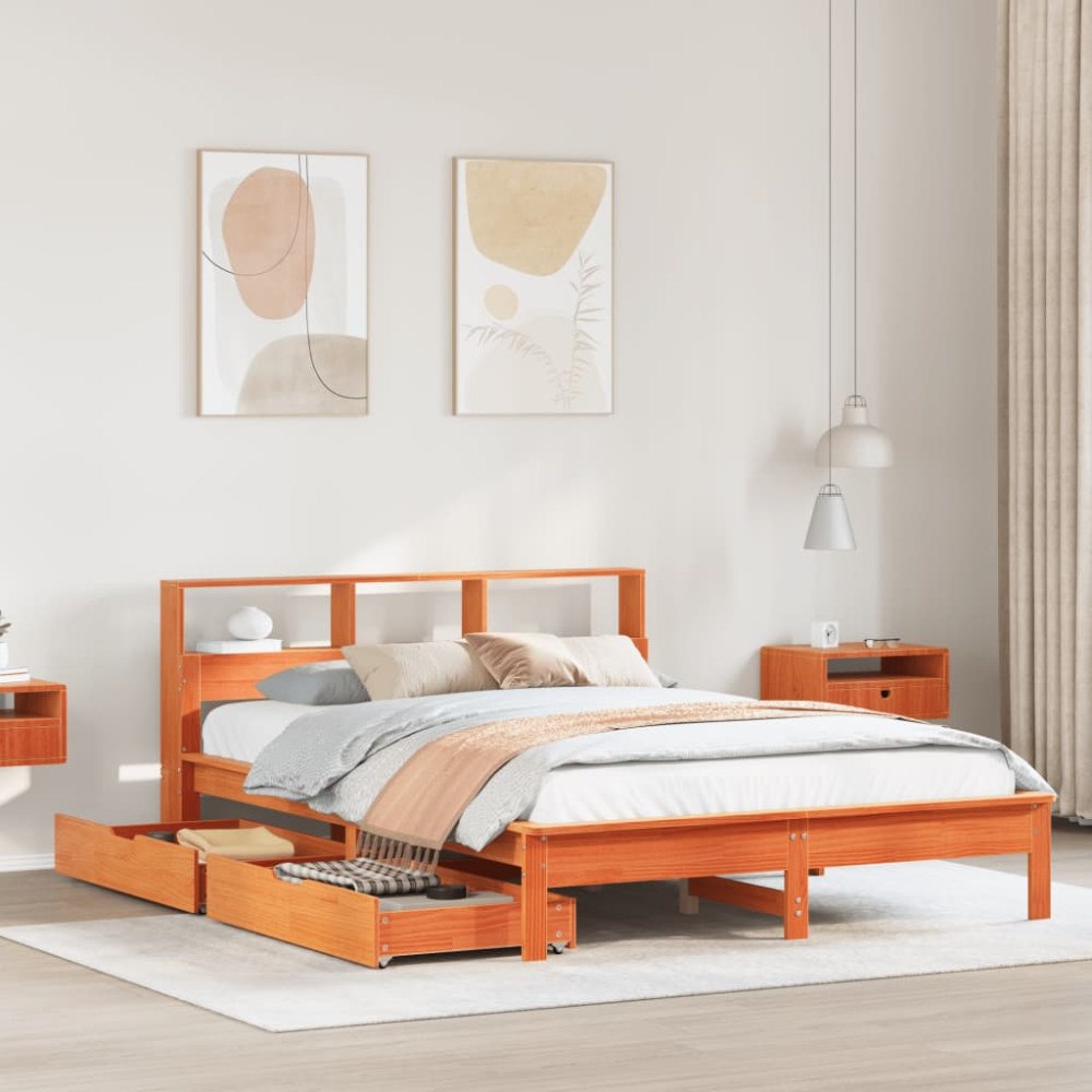 vidaXL Säng med bokhylla utan madrass vaxbrun 150x200cm massiv furu