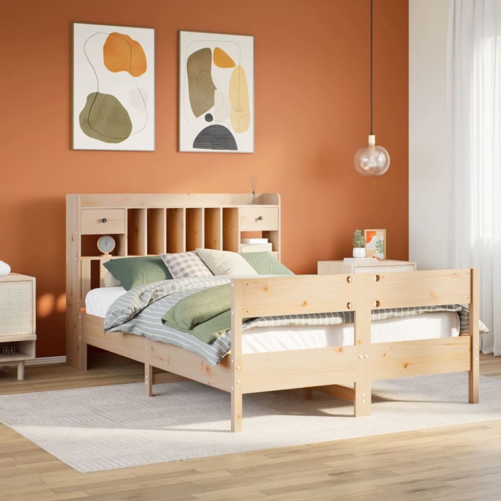 vidaXL Säng med bokhylla utan madrass 135x190cm massiv furu
