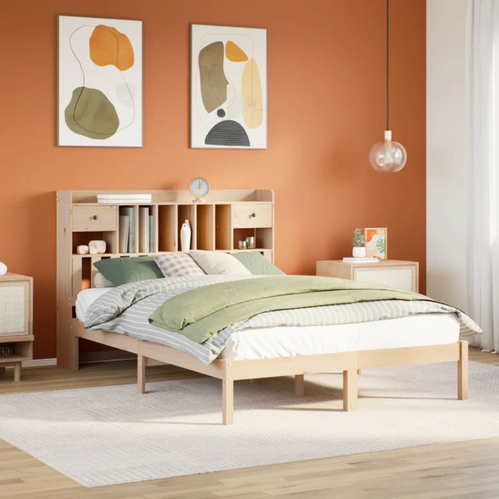vidaXL Säng med bokhylla utan madrass 140x200cm massiv furu