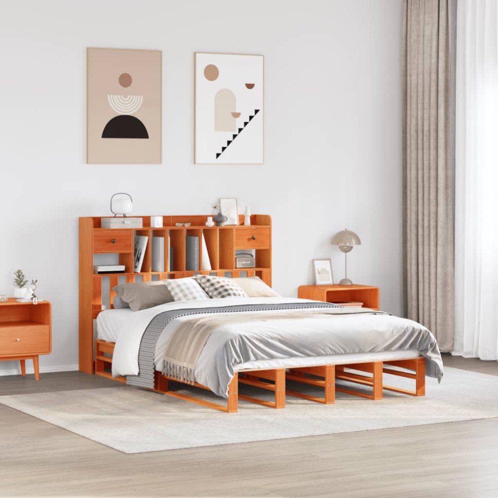 vidaXL Säng med bokhylla utan madrass vaxbrun 150x200cm massiv furu
