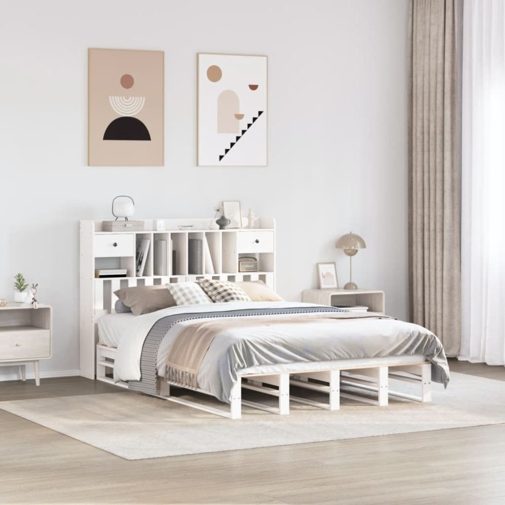 vidaXL Säng med bokhylla utan madrass vit 160x200cm massiv furu