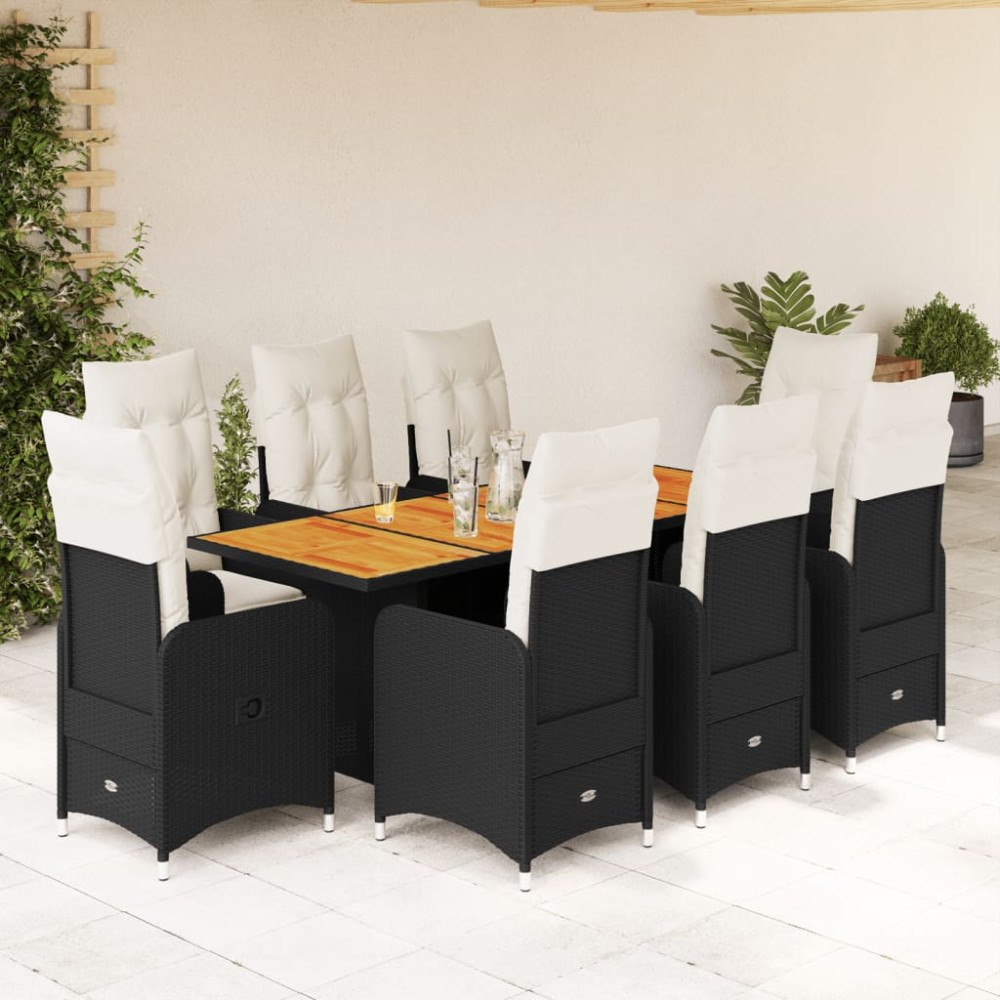 vidaXL Caféset med dynor 9 delar konstrotting svart