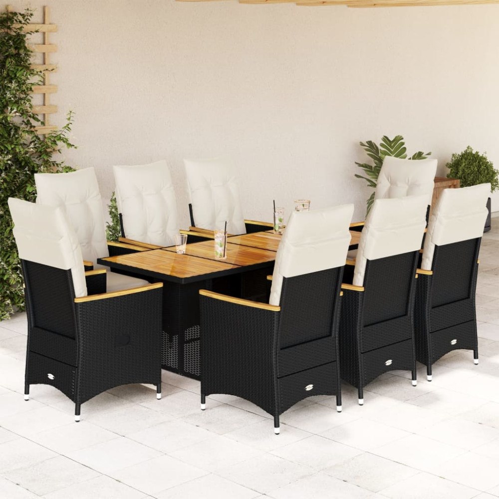 vidaXL Caféset med dynor 9 delar konstrotting svart