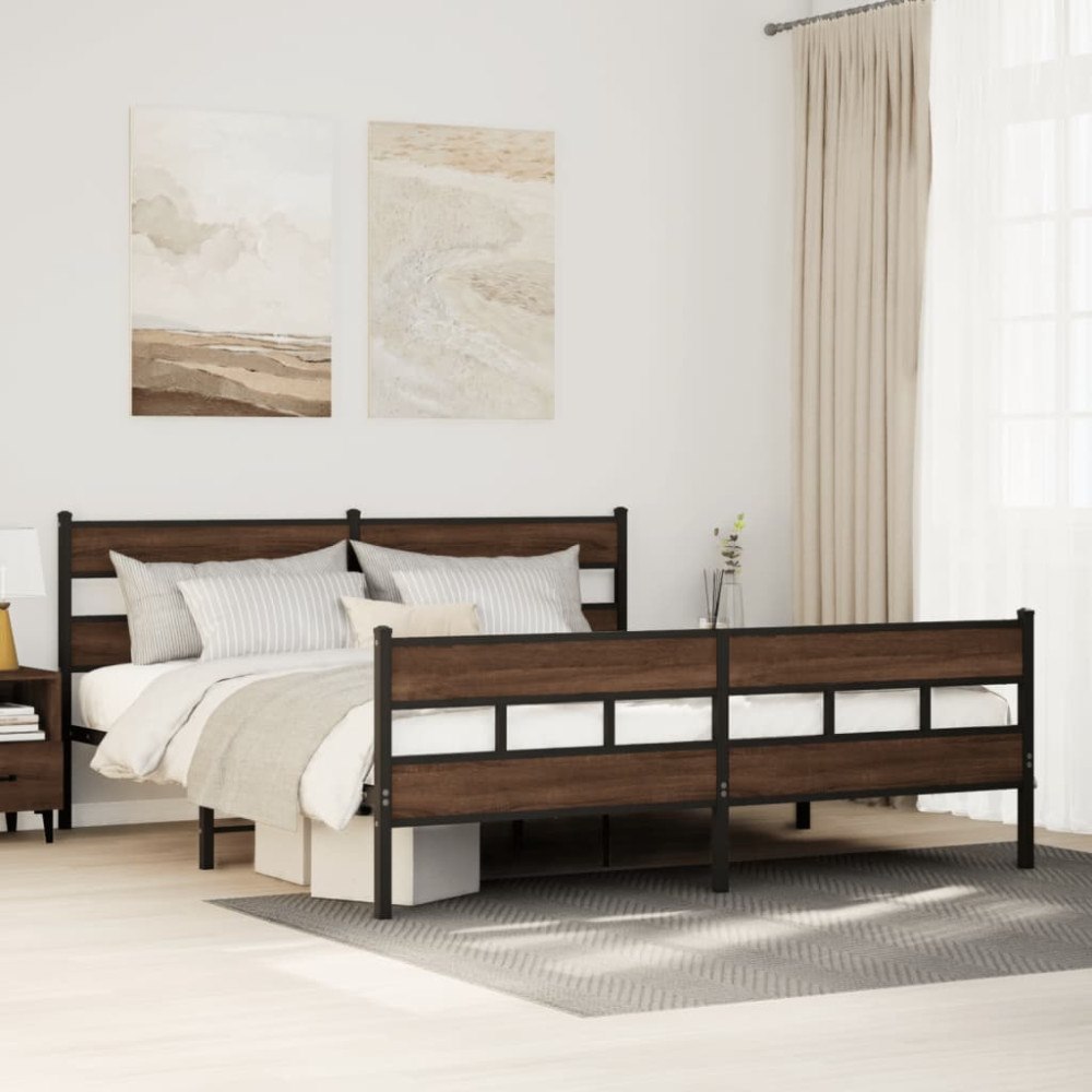 vidaXL Sängram utan madrass metall brun ek 200x200 cm