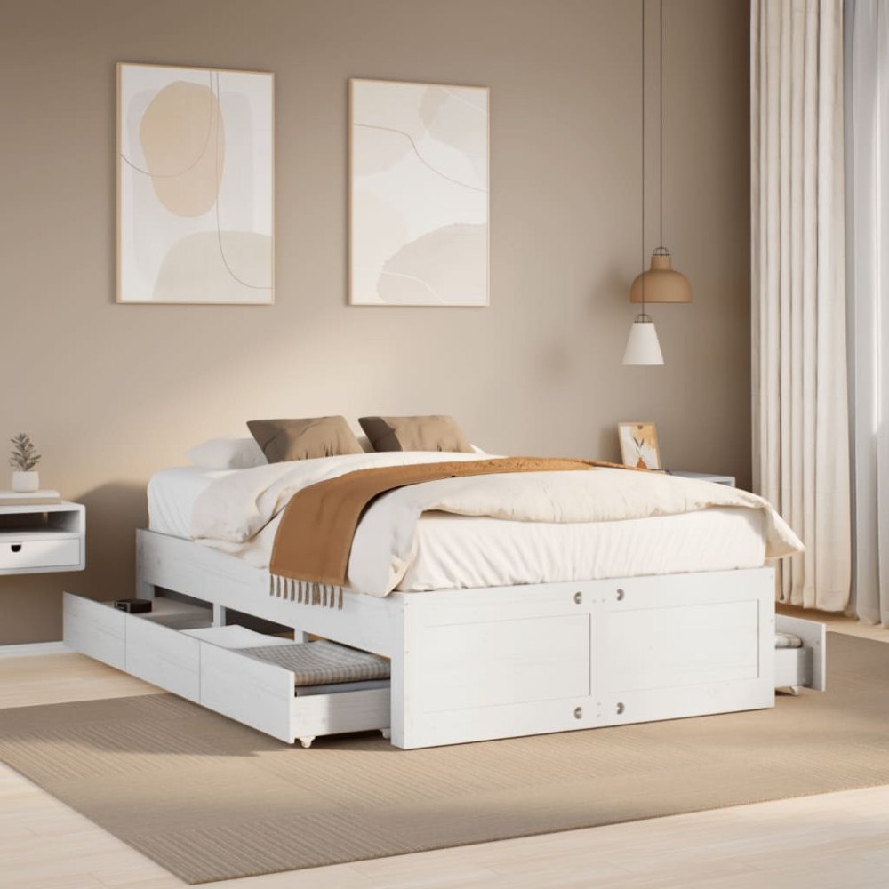 vidaXL Sängram utan madrass med lådor vit 135x190 cm massiv furu