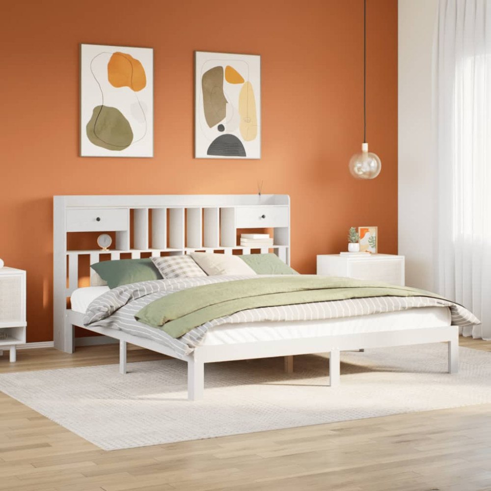 vidaXL Säng med bokhylla utan madrass vit 180x200cm massiv furu