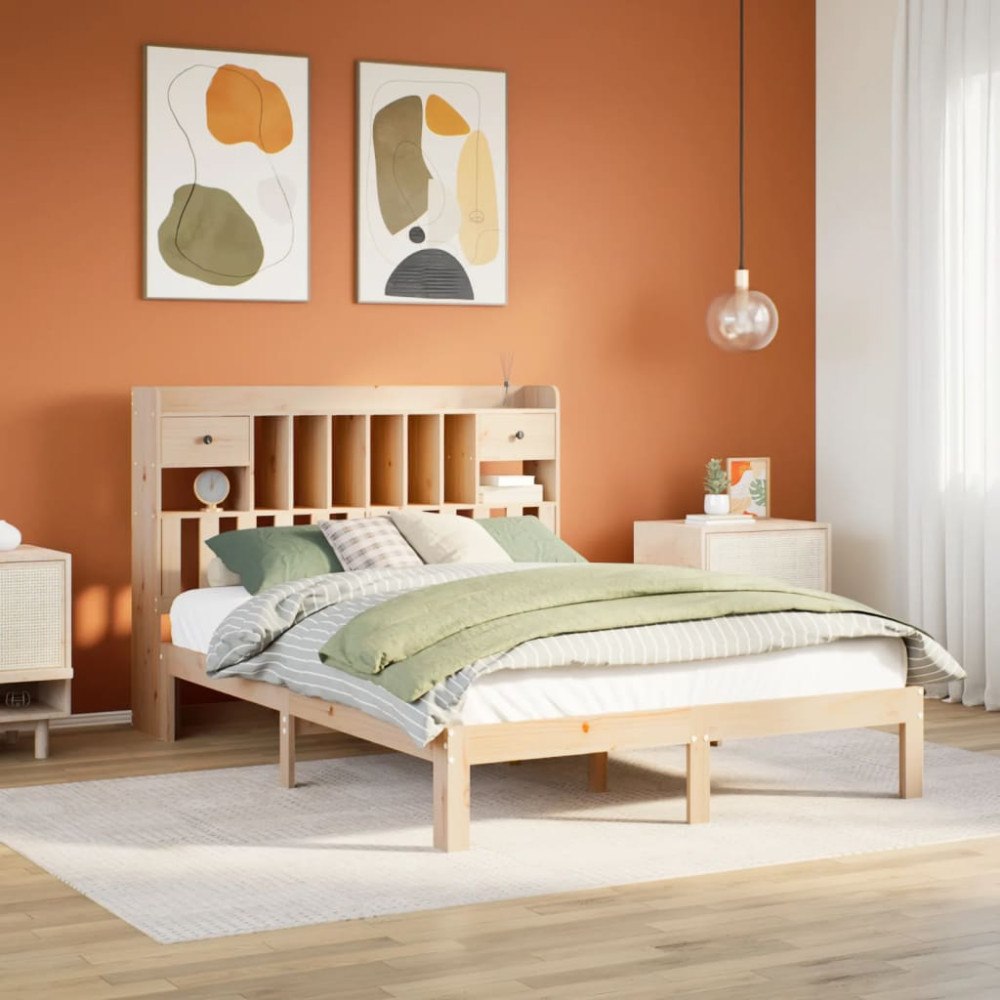 vidaXL Säng med bokhylla utan madrass 140x200cm massiv furu