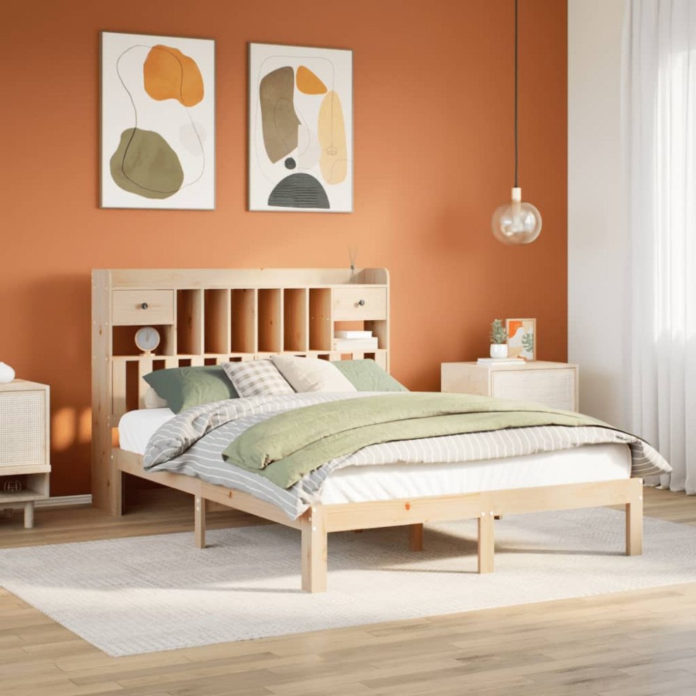 vidaXL Säng med bokhylla utan madrass 140x190cm massiv furu