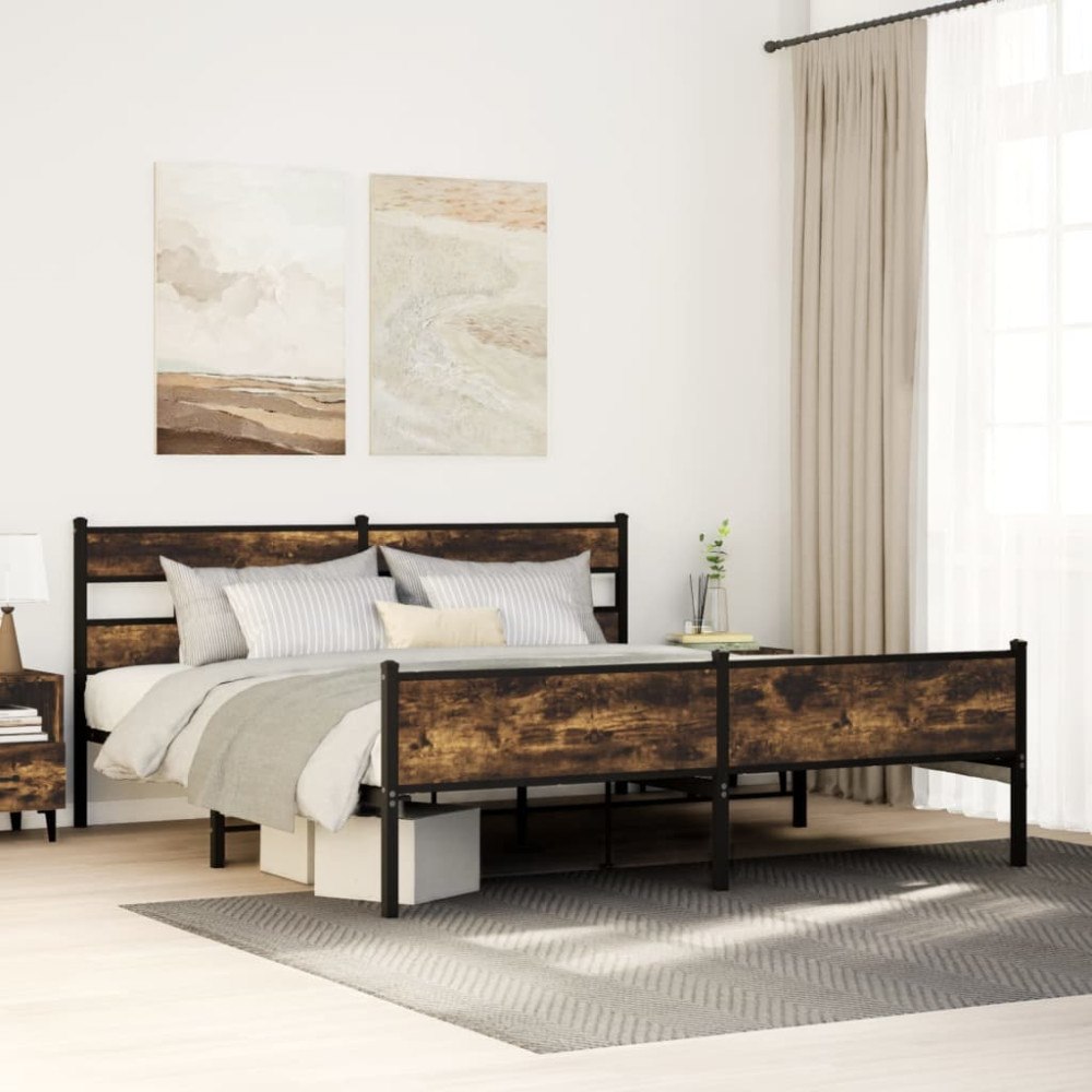vidaXL Sängram utan madrass metall rökfärgad ek 200x200 cm