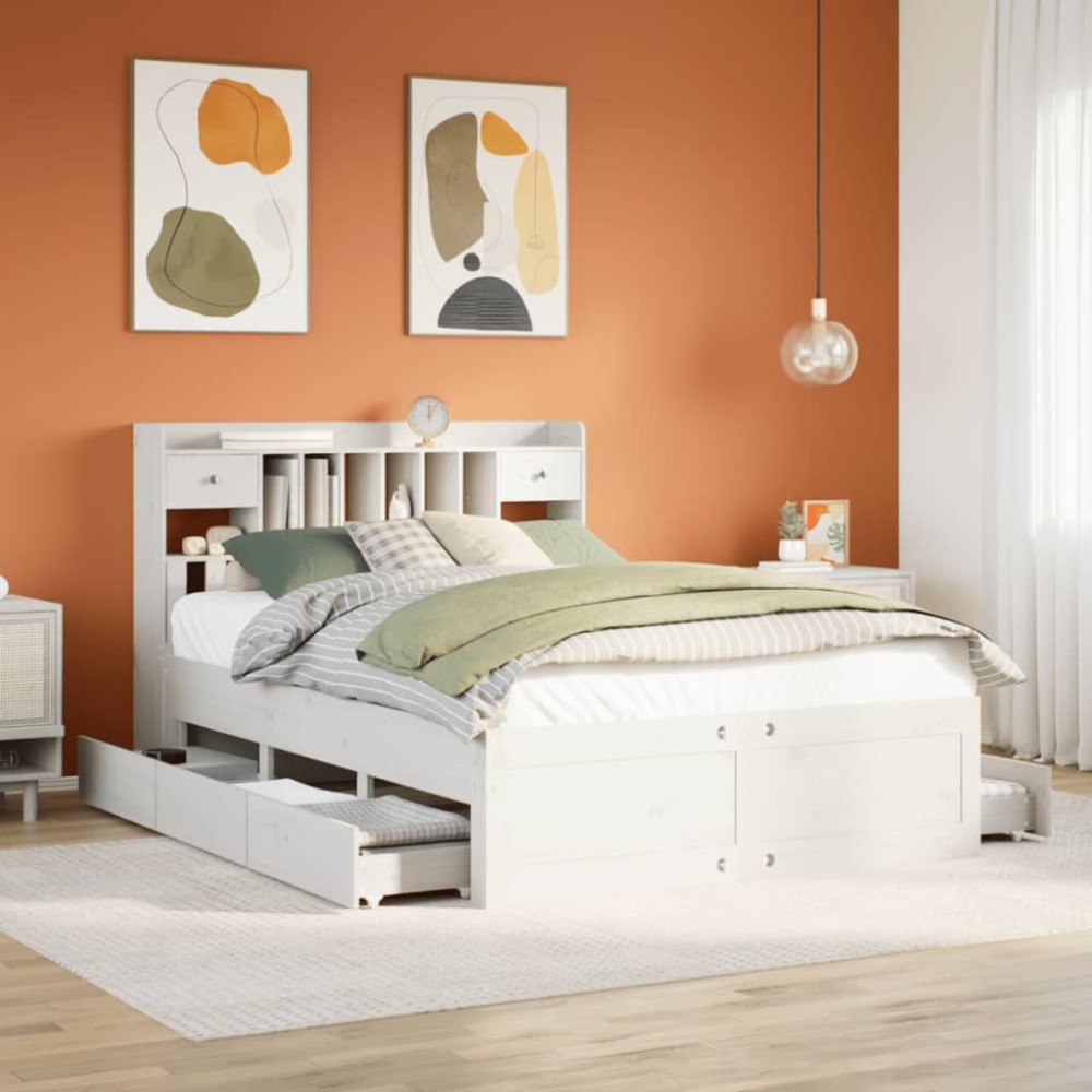 vidaXL Säng med bokhylla utan madrass vit 150x200cm massiv furu