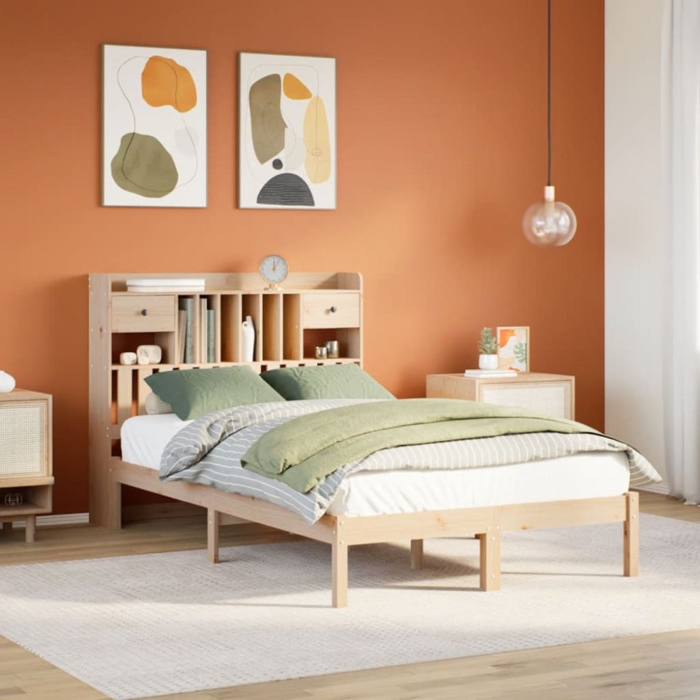 vidaXL Säng med bokhylla utan madrass 135x190cm massiv furu