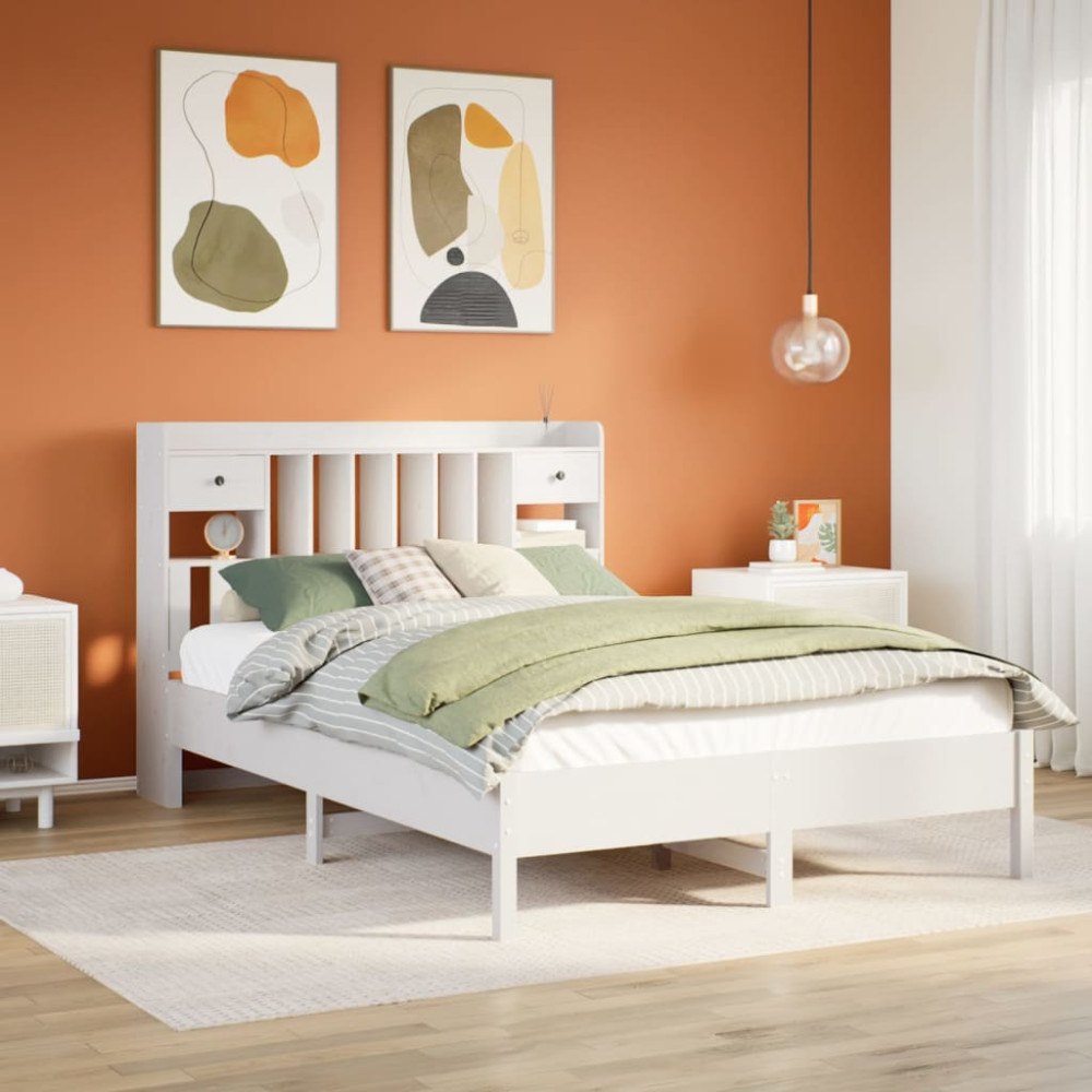 vidaXL Säng med bokhylla utan madrass vit 150x200cm massiv furu