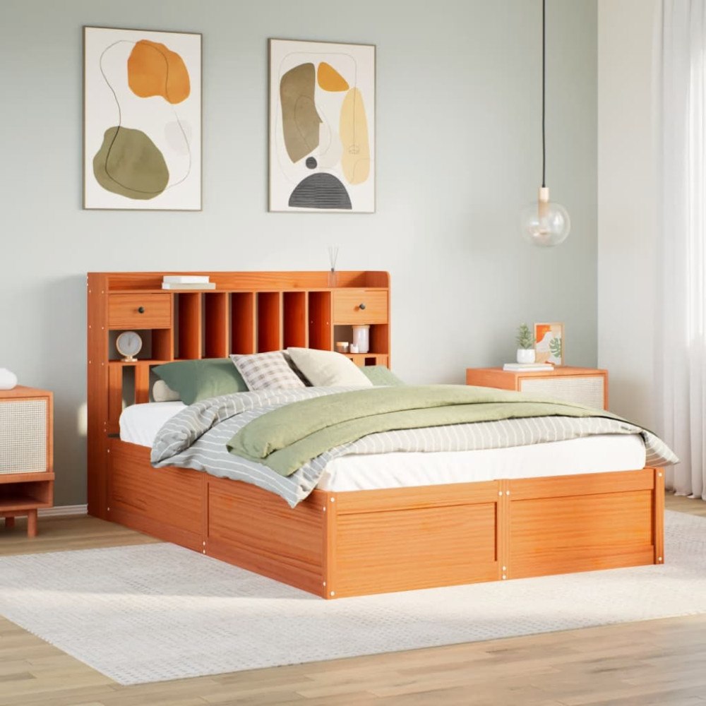 vidaXL Sängram utan madrass vaxbrun 140x190 cm massiv furu