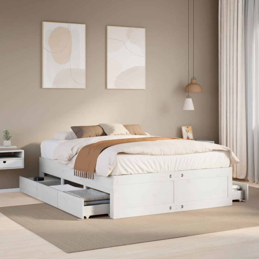 vidaXL Sängram utan madrass med lådor vit 150x200 cm massiv furu