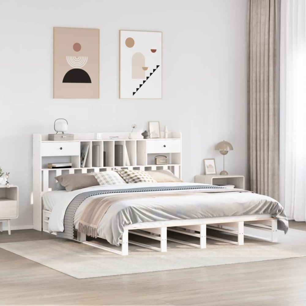 vidaXL Säng med bokhylla utan madrass vit 180x200cm massiv furu