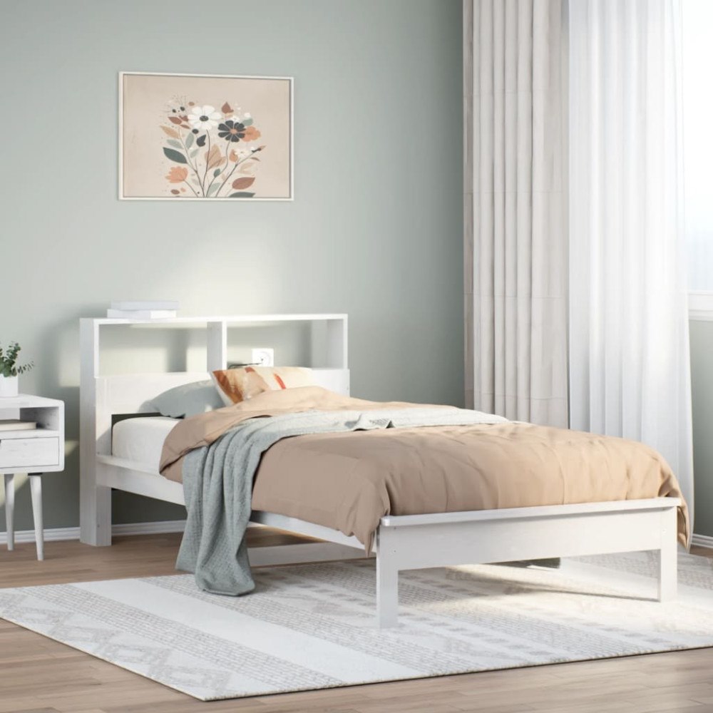 vidaXL Säng med bokhylla utan madrass vit 100x200cm massiv furu