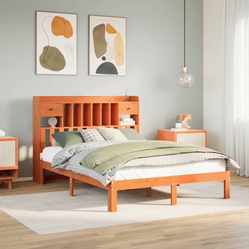 vidaXL Säng med bokhylla utan madrass vaxbrun 135x190cm massiv furu