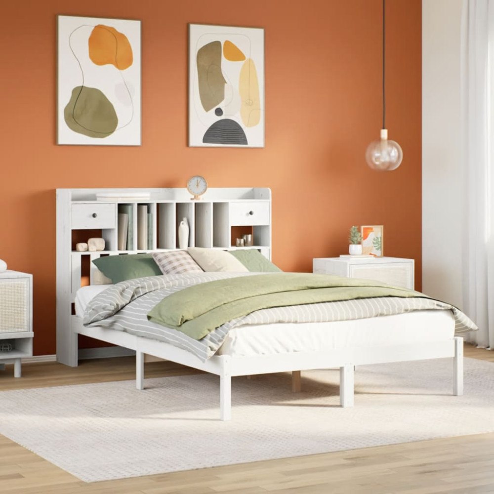 vidaXL Säng med bokhylla utan madrass vit 150x200cm massiv furu