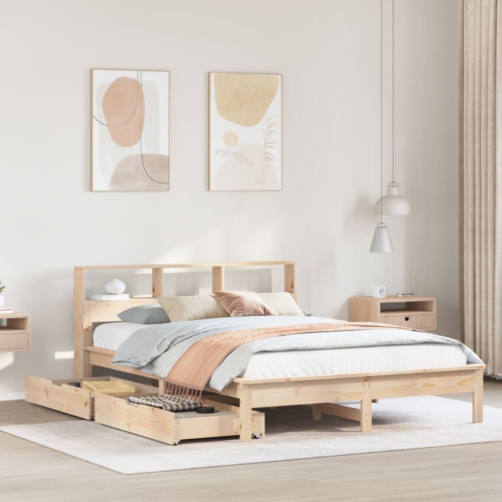 vidaXL Säng med bokhylla utan madrass 135x190cm massiv furu