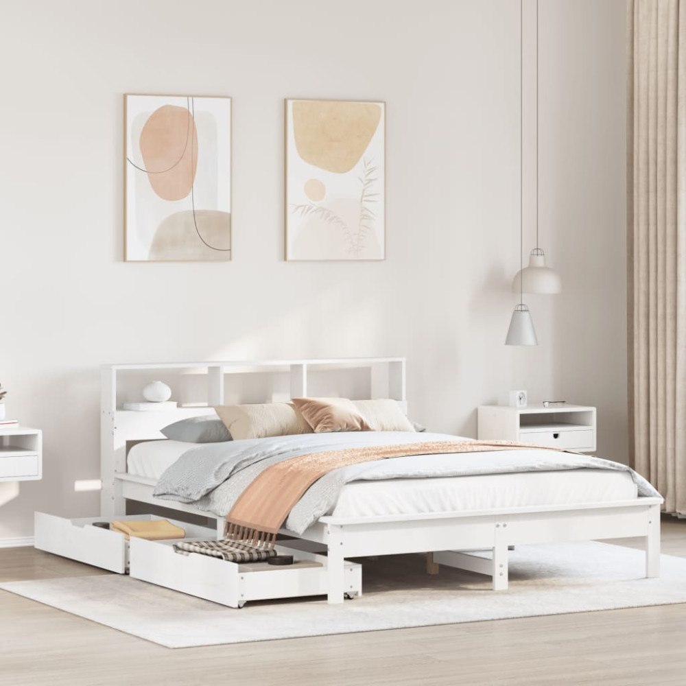 vidaXL Säng med bokhylla utan madrass vit 150x200cm massiv furu