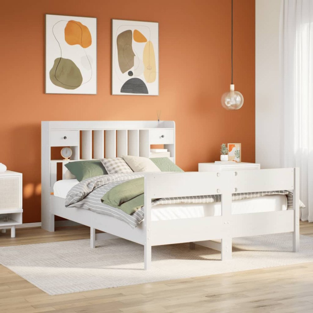 vidaXL Säng med bokhylla utan madrass vit 150x200cm massiv furu