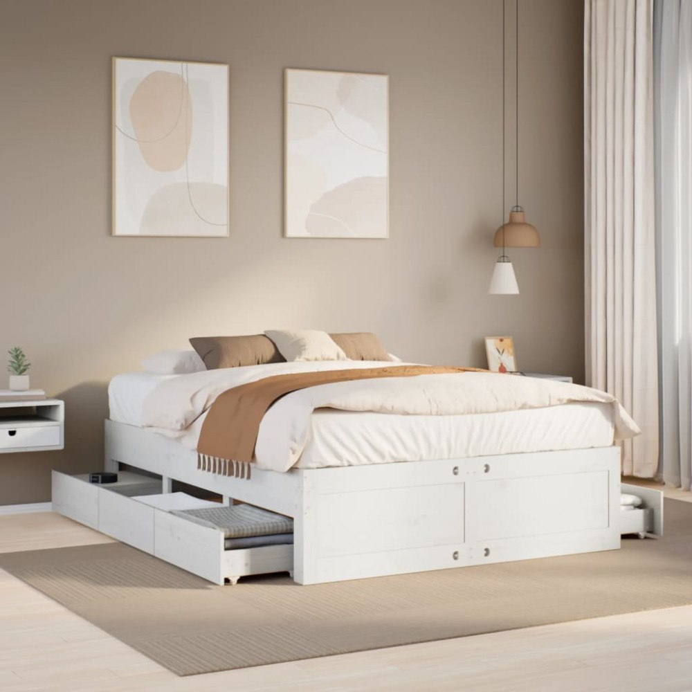 vidaXL Sängram utan madrass med lådor vit 140x190 cm massiv furu