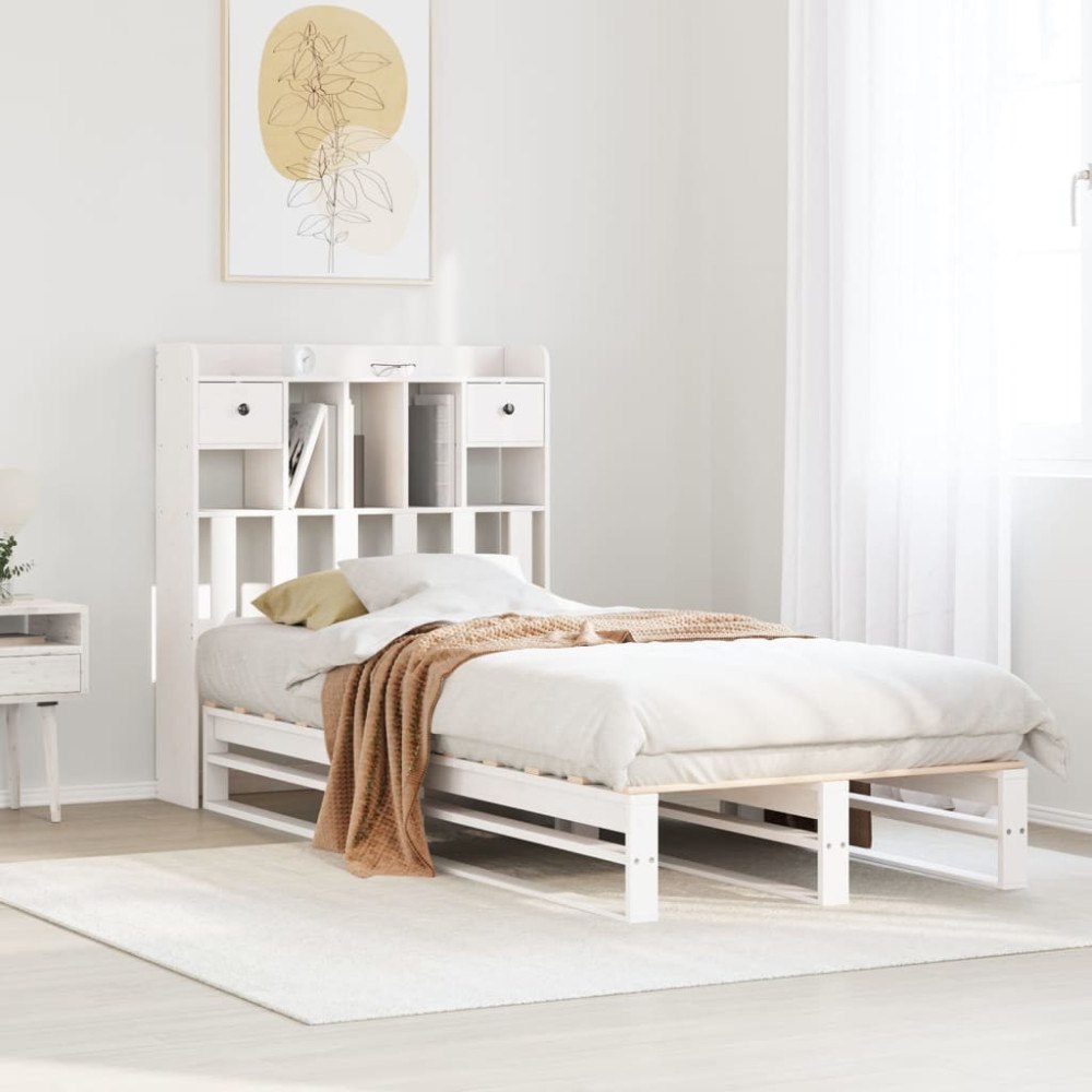 vidaXL Säng med bokhylla utan madrass vit 75x190cm massiv furu