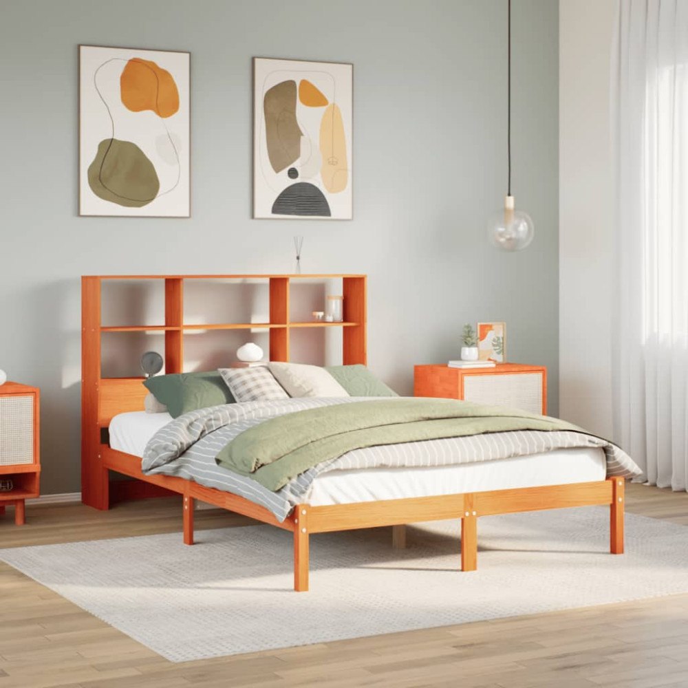vidaXL Säng med bokhylla utan madrass vaxbrun 140x200cm massiv furu