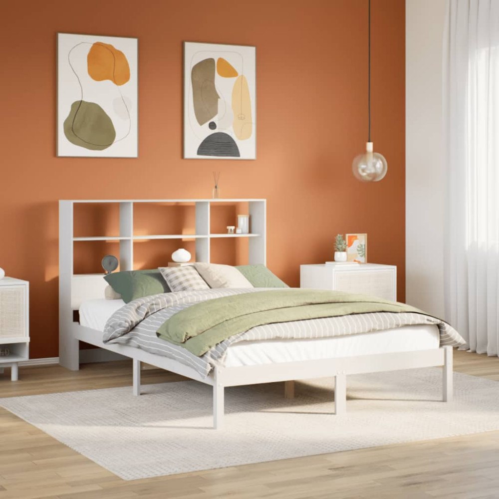 vidaXL Säng med bokhylla utan madrass vit 140x190cm massiv furu